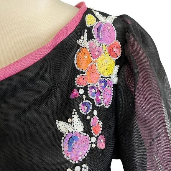 RARE Vintage Bob MACKIE One Shoulder Floral Beaded Tulip Drs 4/6 - Picture 7 of 16